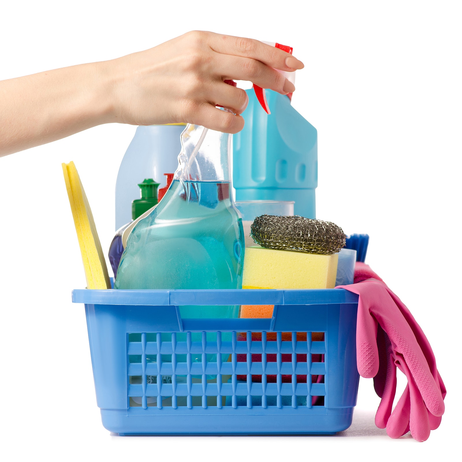 Set For Cleaning Cleanliness In A Basket Hands On A White Backgr