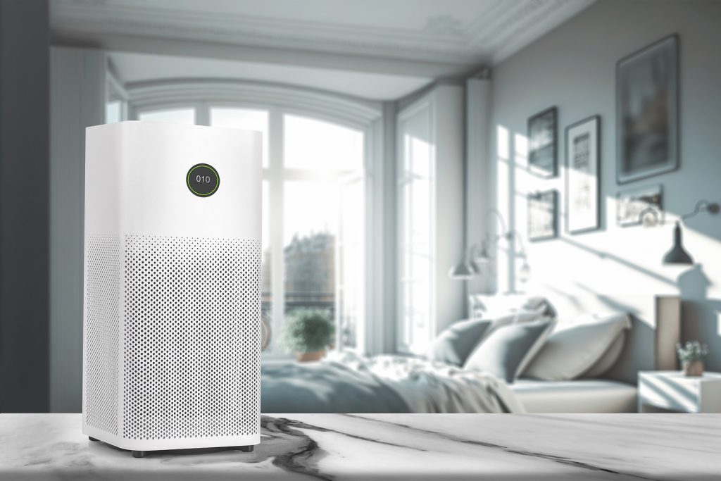 Air purifier health technology in cozy modern bedroom and cleaning removin dust PM2.5 , Air purifier for fresh air and healthy life , Health care Air Pollution Concept