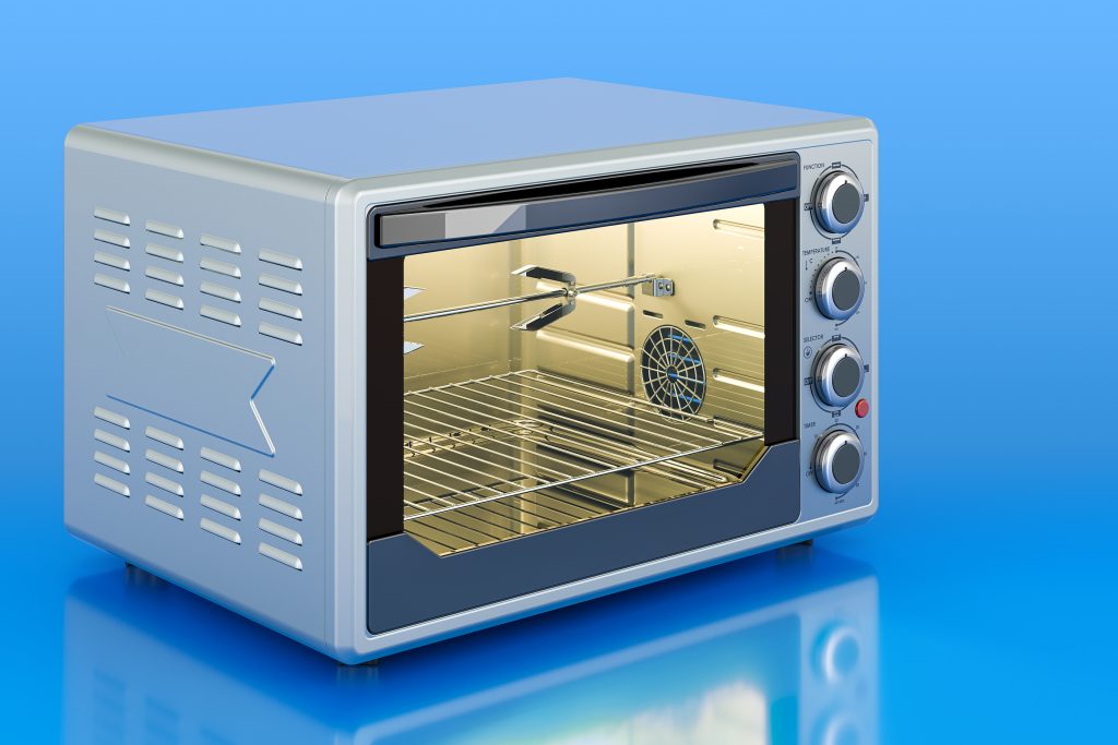 Convection Toaster Oven with Rotisserie and Grill on blue backdrop, 3D rendering