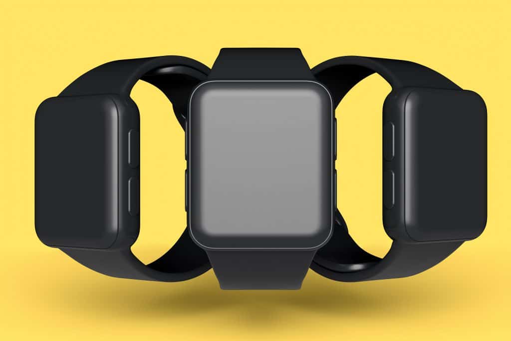 Set of smart watches or fitness tracker like flower pattern on yellow monochrome background.. 3D render concept pattern of wearable device health and fitness tracker