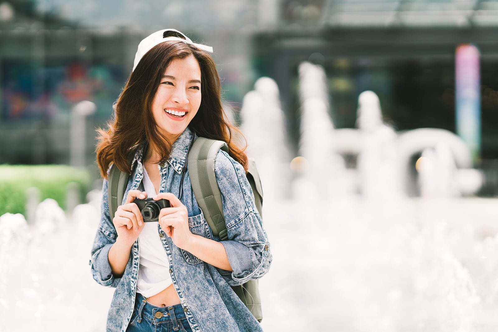 Young Beautiful Asian Backpack Traveler Woman Using Digital Comp