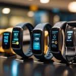 display of a few fitness trackers on a black table