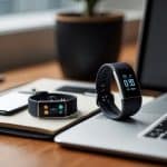 black fitness tracker on a laptop