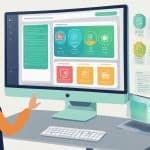 guy looking at a huge computer monitor with some icons on the background