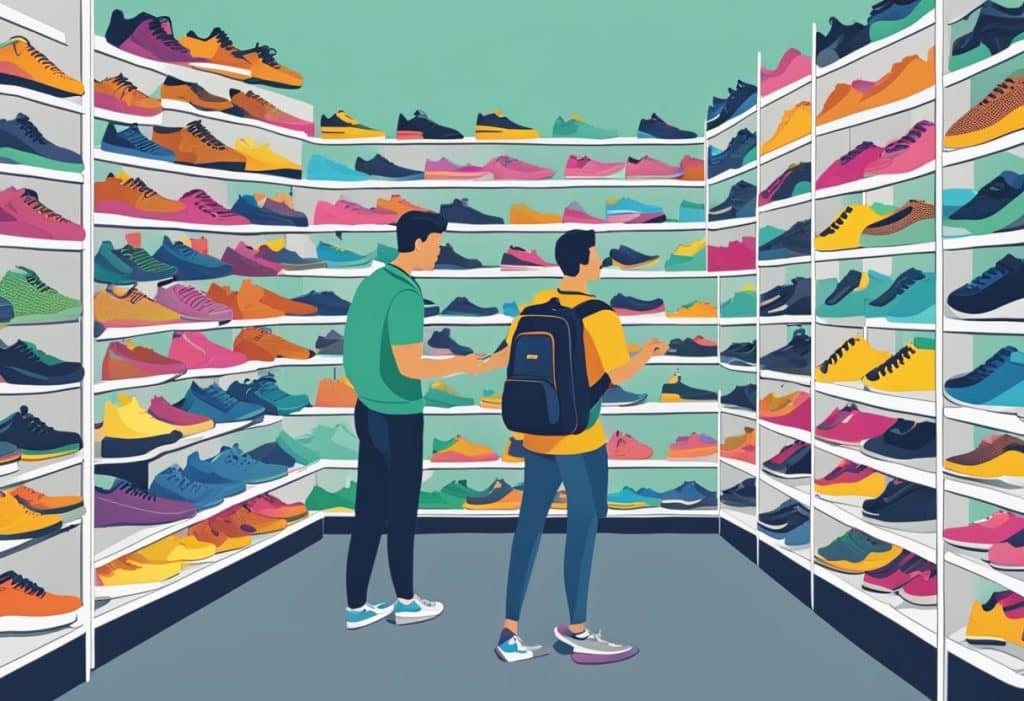 2 men looking at the display of different athletic shoes on a shoe store
