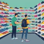 2 men looking at the display of different athletic shoes on a shoe store
